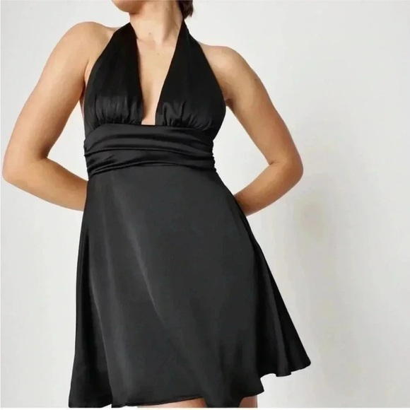 garage holly satin plunge halter dress Plunge Halter Fit & Flare Dress
